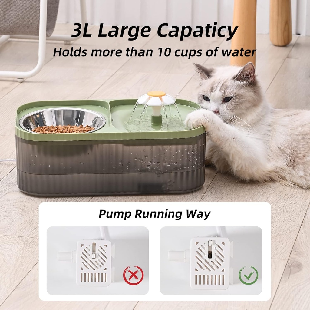 Automatic Flower Cat Water Fountain & Stainless Steel Food Bowl (Black & Green), 3L, Ultra Quiet water dispenser with smart pump.
