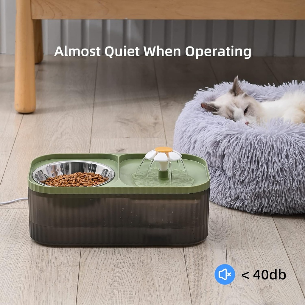 Automatic Flower Cat Water Fountain & Stainless Steel Food Bowl (Black & Green), 3L, Ultra Quiet water dispenser with smart pump.