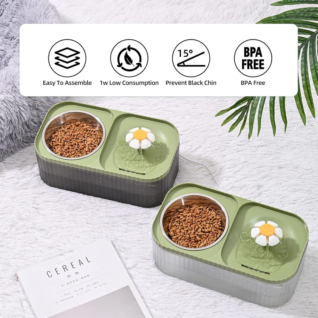 Automatic Flower Cat Water Fountain & Stainless Steel Food Bowl (Black & Green), 3L, Ultra Quiet water dispenser with smart pump.