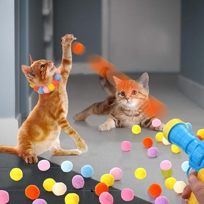 Interactive Cat Ball Launcher Toy Plastic Gun with 20 Pcs Colorful Soft Balls – Fun Exercise & Play for Cats and Kittens