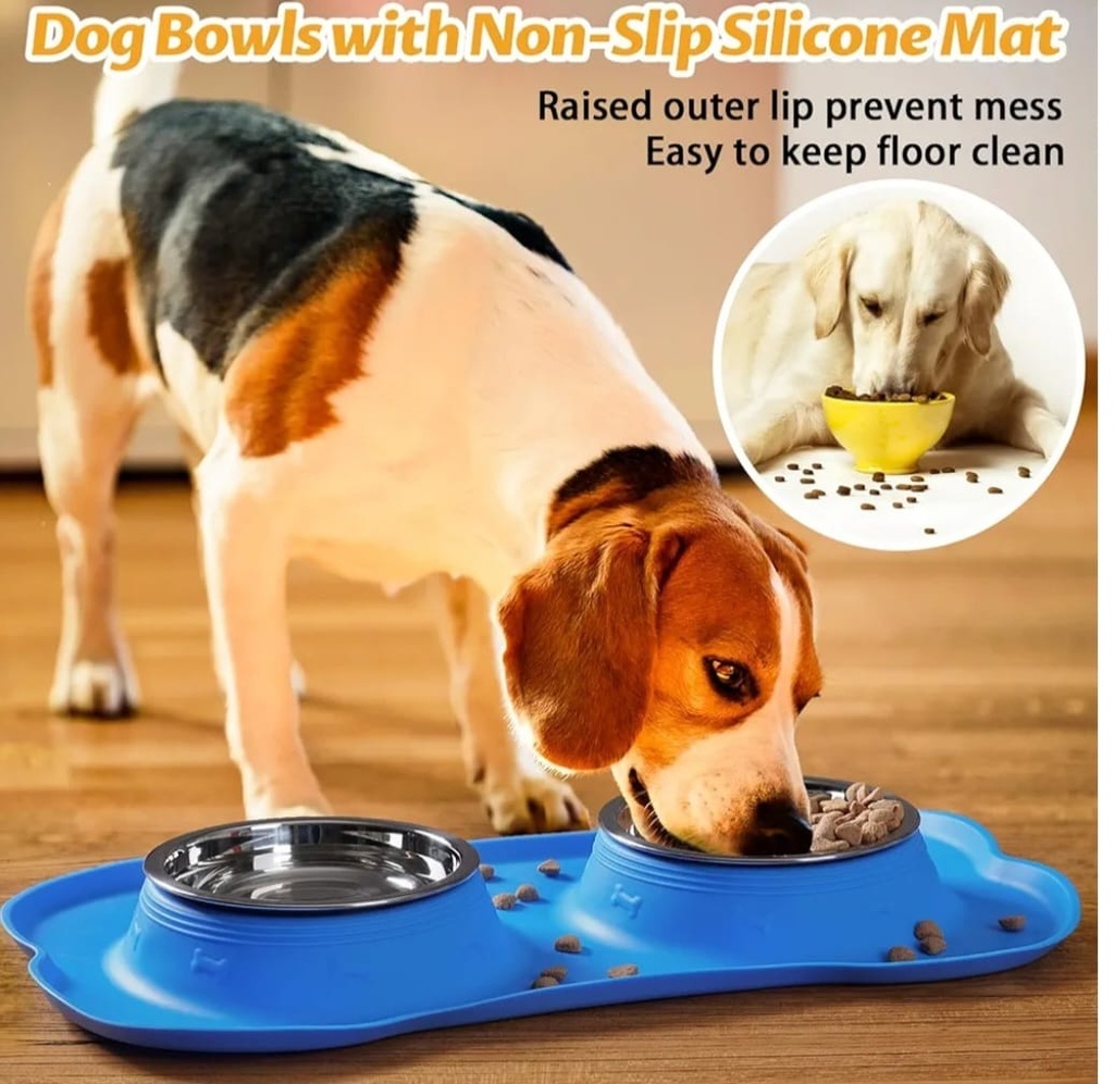 2 Stainless Steel Dog & Cat Bowls with Non-Slip Silicone Mat – Food & Water Feeder for Pets