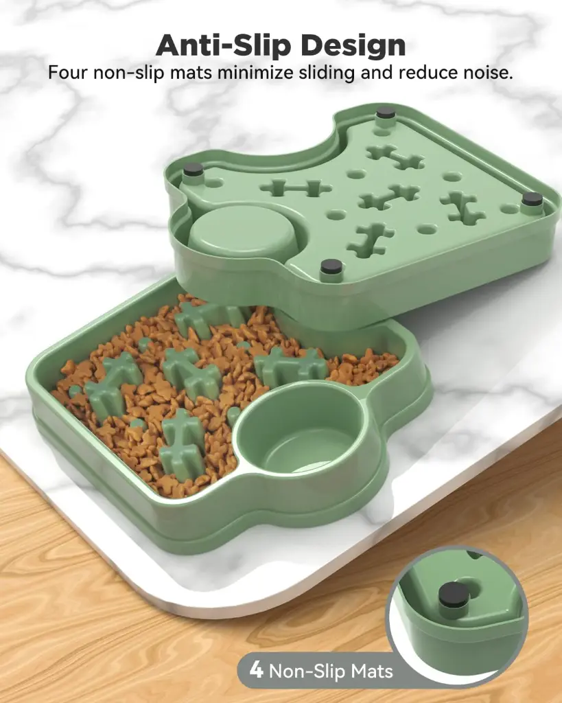 2-in-1 Slow Feeder Dog Bowl with Water Dish – Non-Slip Puzzle Food Bowl for Dogs & Cats - Green