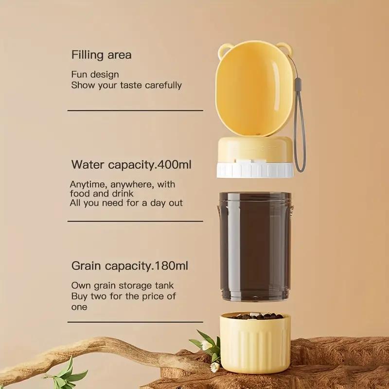 2-in-1 Portable Pet Water Bottle & Food Container – Travel Dog & Cat Dispenser with Bowl - Grey