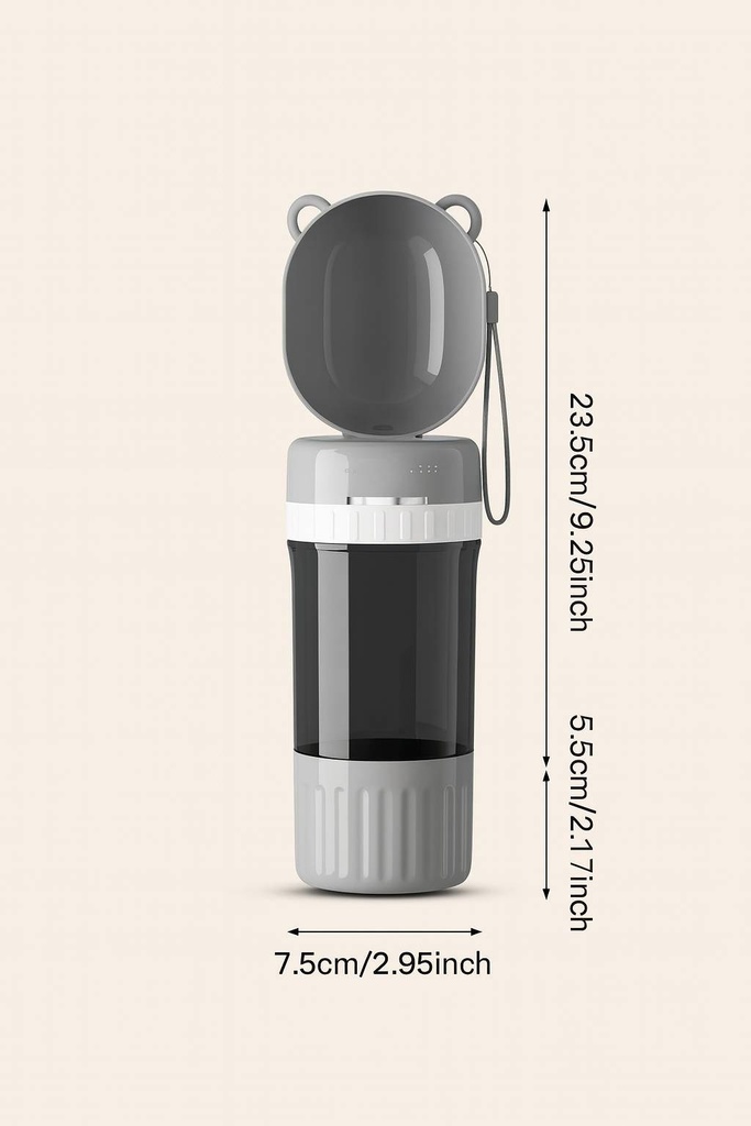 2-in-1 Portable Pet Water Bottle & Food Container – Travel Dog & Cat Dispenser with Bowl - Grey