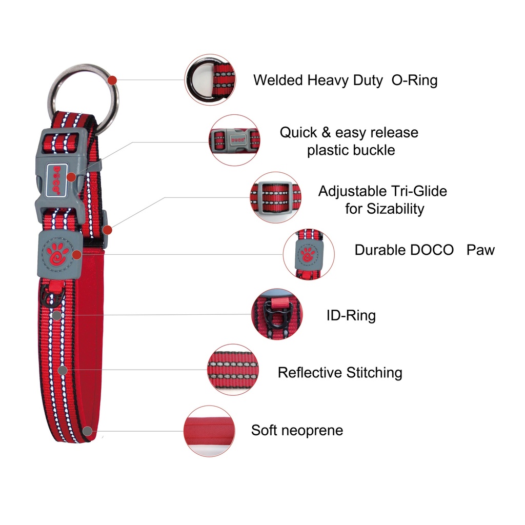 DOCO VARIO O-Ring Nylon Dog Collar with Reflective Stitching Large (2.5 x 53-64cm)