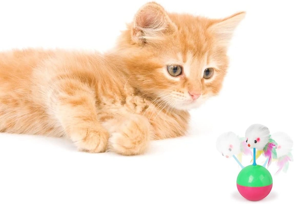 Interactive Cat Toy - Feather Rotating Ball for Training, Teasing, Chasing, and Playing - Plastic Balance Ball