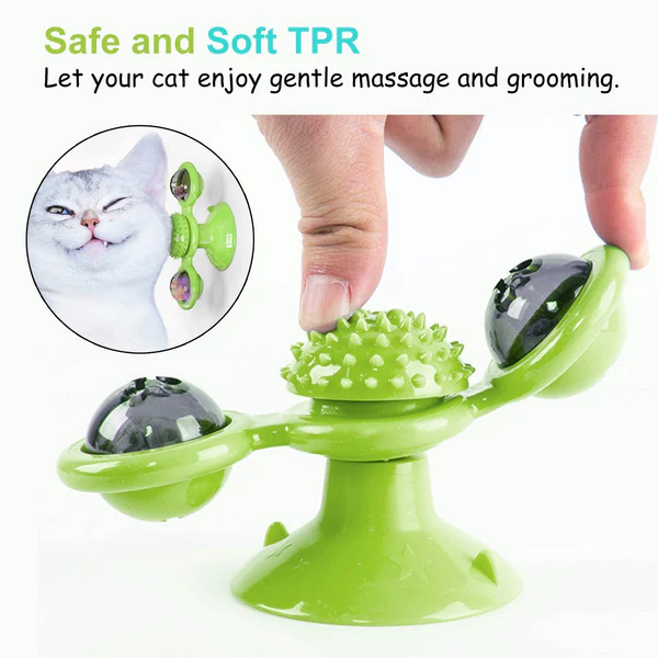 Windmill Rotating Cat Toy with 2 Catnip Balls & Suction Cup – Interactive Spinning Toy & Massager for Indoor Cats