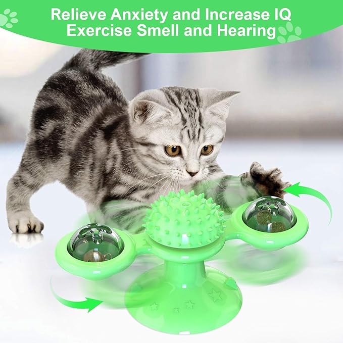 Windmill Rotating Cat Toy with 2 Catnip Balls & Suction Cup – Interactive Spinning Toy & Massager for Indoor Cats