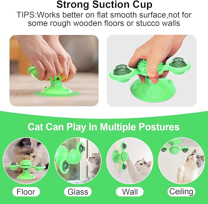 Windmill Rotating Cat Toy with 2 Catnip Balls & Suction Cup – Interactive Spinning Toy & Massager for Indoor Cats