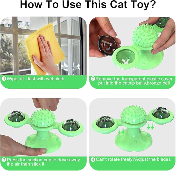 Windmill Rotating Cat Toy with 2 Catnip Balls & Suction Cup – Interactive Spinning Toy & Massager for Indoor Cats