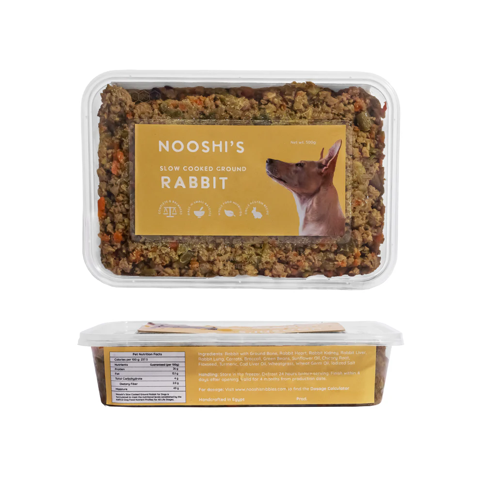 Nooshi’s Frozen Slow-Cooked Ground Rabbit Meal for Dogs – 500g | 70% Rabbit & 30% Vegetables