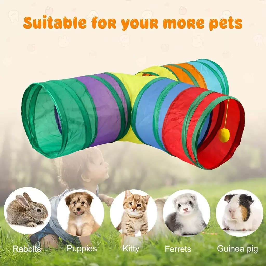3-Way Cat Tunnel Toy – Foldable Rainbow Play Tube with Crinkle Sounds & Ball Toy for Cats, Kittens & Small Pets