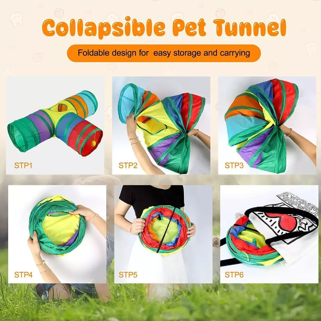 3-Way Cat Tunnel Toy – Foldable Rainbow Play Tube with Crinkle Sounds & Ball Toy for Cats, Kittens & Small Pets