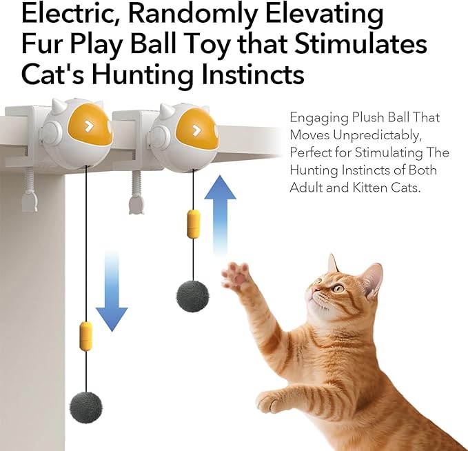 Automatic Interactive Cat Toy with Fluffy Ball – Rising & Falling Motion Teaser for Indoor Cats | Battery Operated, No-Drill Installation