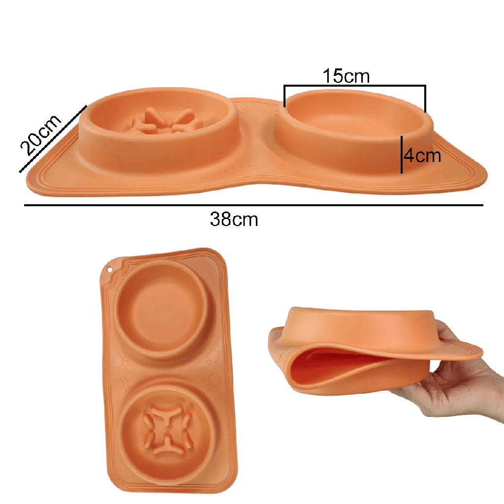 2-in-1 Silicone Pet Bowl for Dogs & Cats – Foldable Slow Feeder & Water Bowl | Portable & Easy to Clean (38×20×4 cm) - Orange