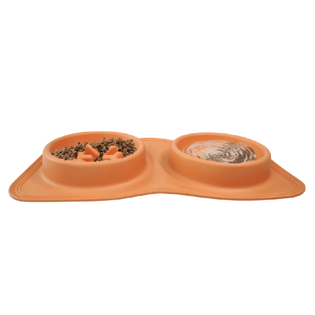 2-in-1 Silicone Pet Bowl for Dogs & Cats – Foldable Slow Feeder & Water Bowl | Portable & Easy to Clean (38×20×4 cm) - Orange