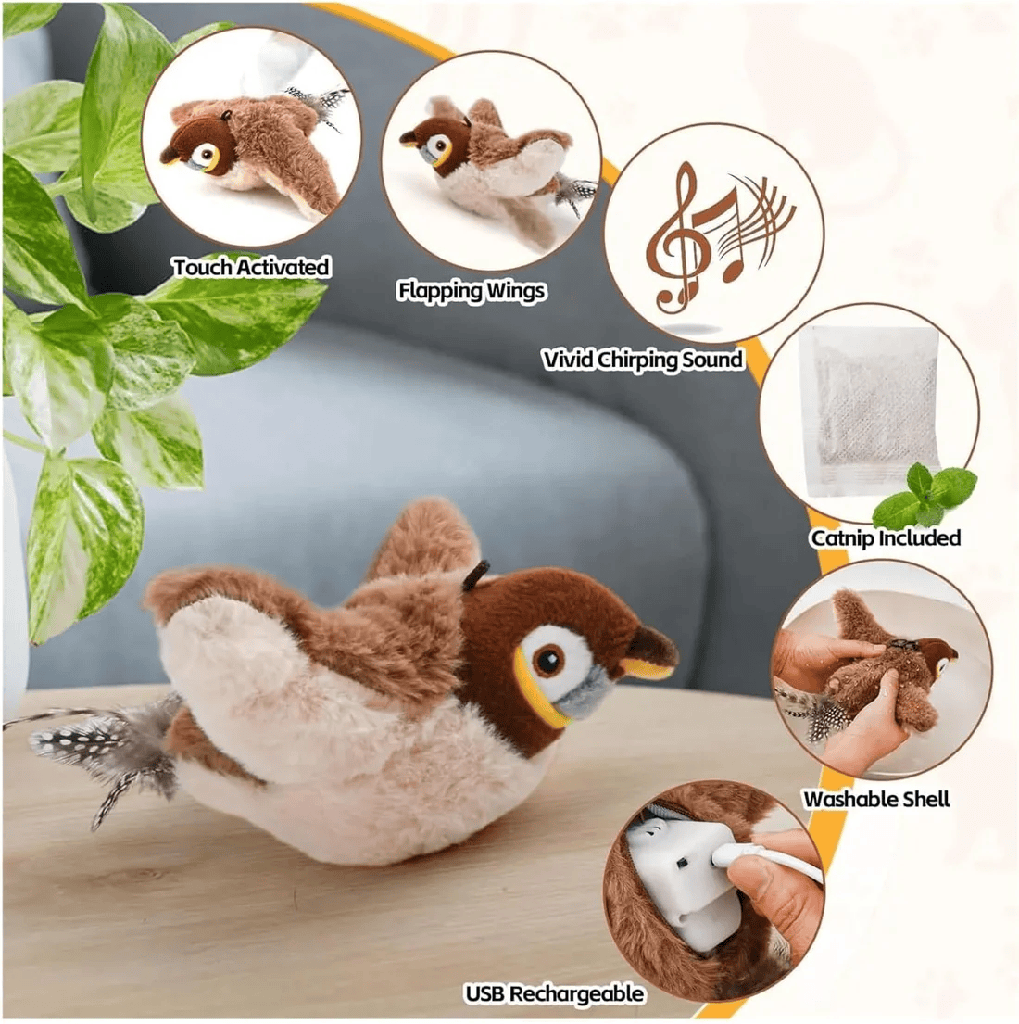 Interactive Flapping Bird Toy for Cats – Rechargeable Cat Toy with Real Bird Sounds, Motion Wings & Catnip Pouch | USB Charging
