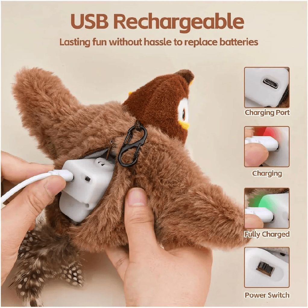Interactive Flapping Bird Toy for Cats – Rechargeable Cat Toy with Real Bird Sounds, Motion Wings & Catnip Pouch | USB Charging