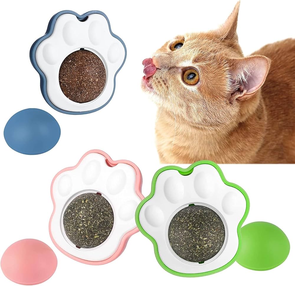 Paw-Shaped Catnip Ball Toy for Cats – Rotating Wall-Mounted Cat Treat Toy | Natural Catnip for Dental Health, Fresh Breath & Hairball Relief