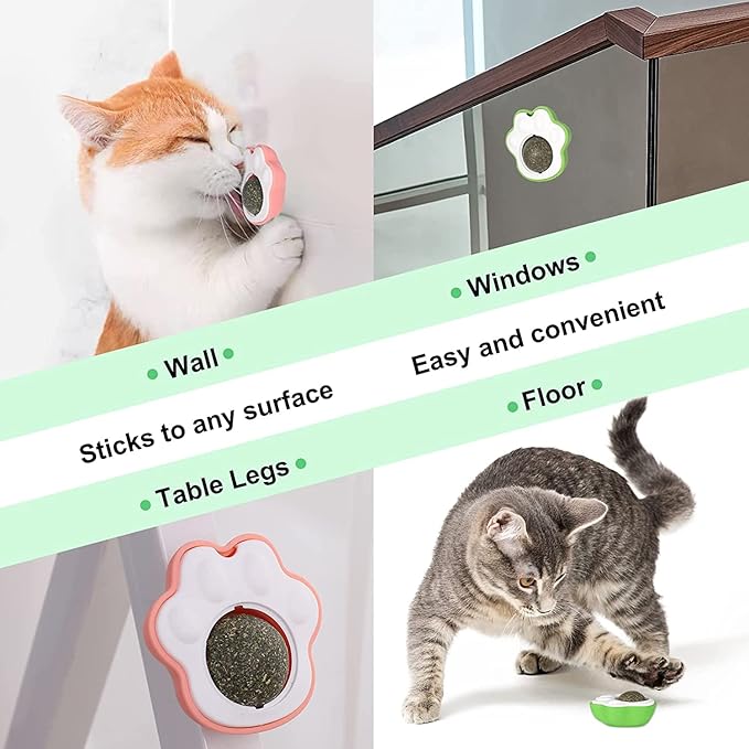 Paw-Shaped Catnip Ball Toy for Cats – Rotating Wall-Mounted Cat Treat Toy | Natural Catnip for Dental Health, Fresh Breath & Hairball Relief