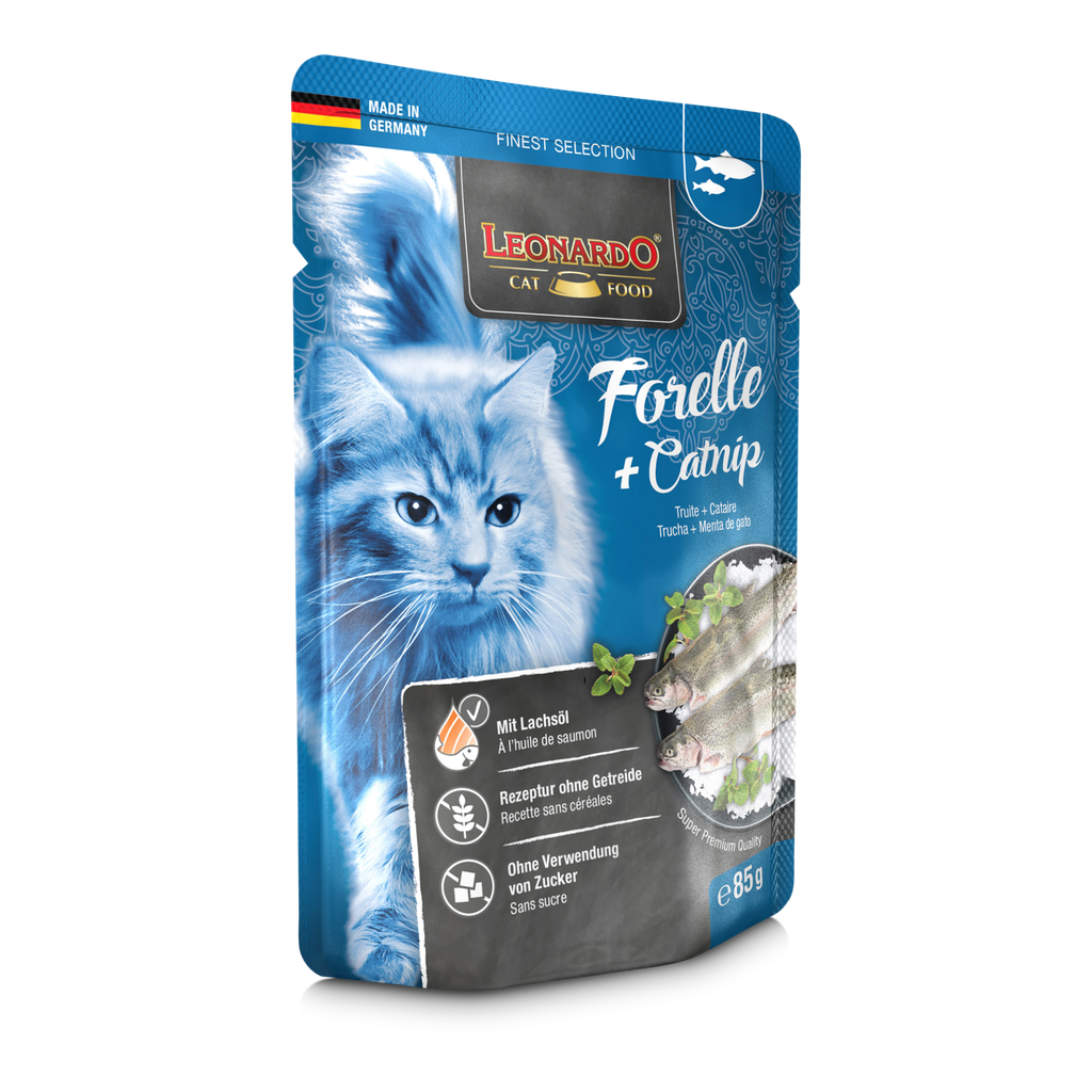 Leonardo Trout + Catnip Adult Cat Wet Food Pouch 85g