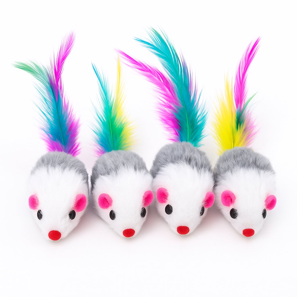 Colorful Cat Toy Mice with Feathers – Interactive Chase & Play Toys for Cats (4 Pcs)