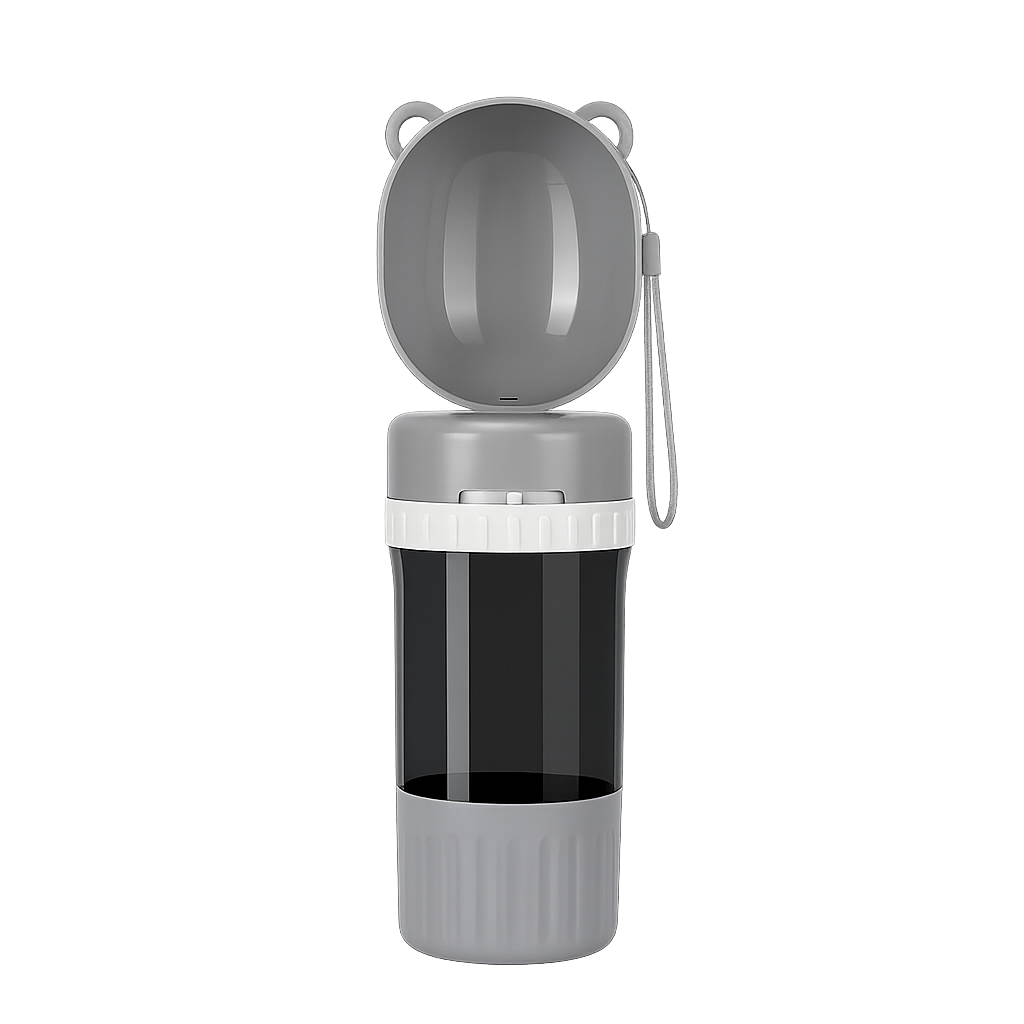 2-in-1 Portable Pet Water Bottle & Food Container – Travel Dog & Cat Dispenser with Bowl - Grey