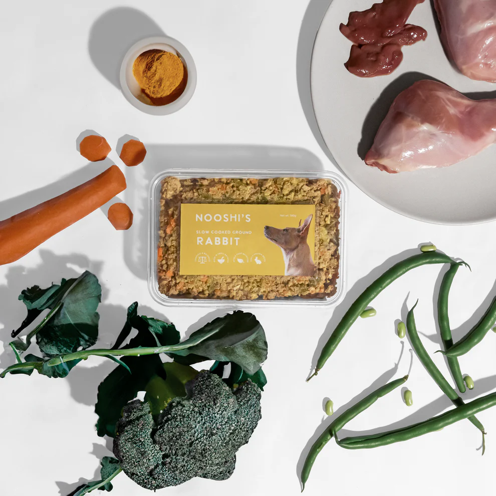 Nooshi’s Frozen Slow-Cooked Ground Rabbit Meal for Dogs – 500g | 70% Rabbit & 30% Vegetables