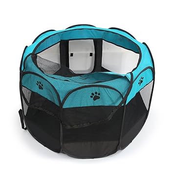 Foldable Pet Playpen – Portable Oxford Cloth Pet Tent for Dogs, Cats & Puppies | Breathable Mesh, Zipper Top & Easy Carry Design (74×74×43 cm) - Turquoise