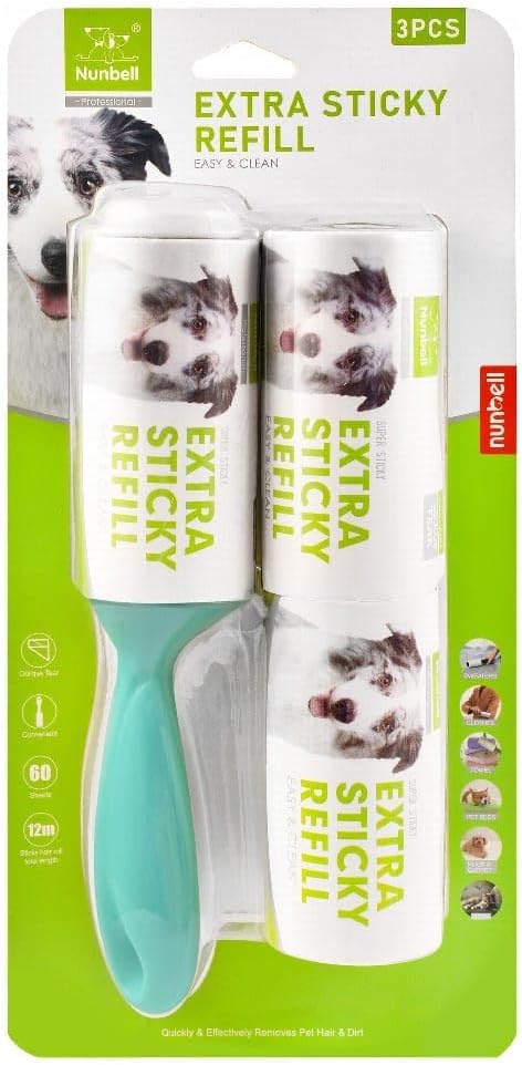 Nunbell Extra Sticky Refill Easy & Clean 3 Pcs Pet Hair Remover (12m - 60 Sheets) - Grey