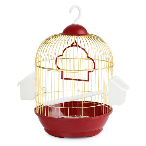 [5655] Golden & Dark Red Bird Cage with Door – Durable Metal, Feeder & Perch Included