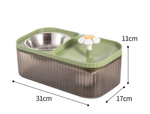 [4252] Automatic Flower Cat Water Fountain & Stainless Steel Food Bowl (Black & Green), 3L, Ultra Quiet water dispenser with smart pump.