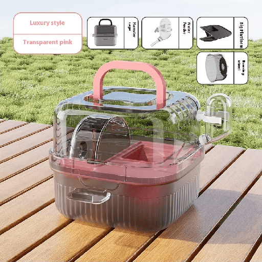 [3017] Portable Hamster Travel Cage & Small Pet Carrier Box – Breathable Plastic Transport House with Handle - Pink
