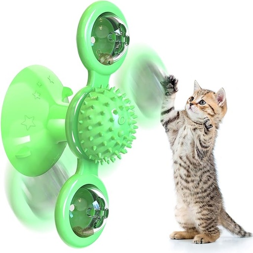 [0407] Windmill Rotating Cat Toy with 2 Catnip Balls & Suction Cup – Interactive Spinning Toy & Massager for Indoor Cats - Green