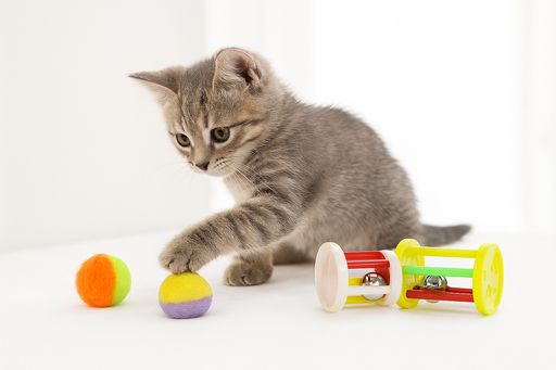 [4508] Cat Toy Set – 2 Colorful Soft Balls & 2 Rolling Barrel Toys with Bells for Interactive Play