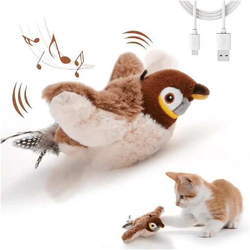 [5248] Interactive Flapping Bird Toy for Cats – Rechargeable Cat Toy with Real Bird Sounds, Motion Wings & Catnip Pouch | USB Charging