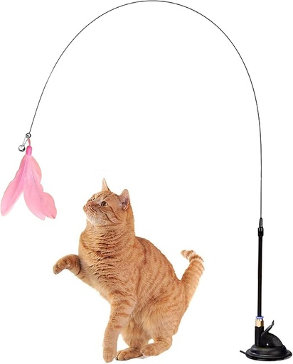 [8816] Interactive Feather Rod Cat Toy with Bell & Suction Cup Base – Elastic Teaser Wand for Active Indoor Cats (Black Feather)